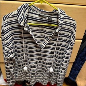 Tahari Navy and White Striped Linen Top